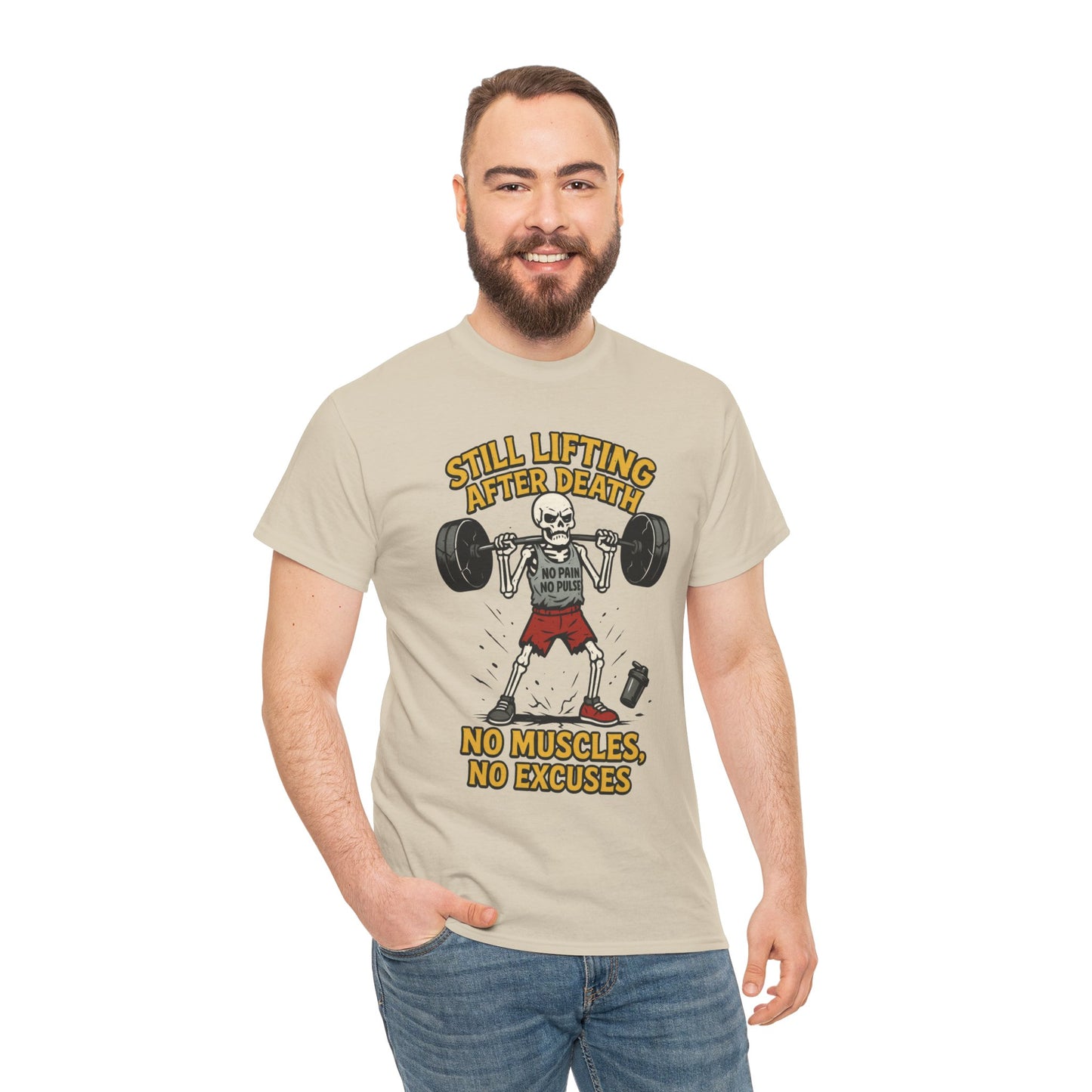 Funny Skeleton Gym T-Shirt, Still Lifting After Death, Funny Workout Shirt for Men, Fitness Gift, Halloween Apparel, Unisex Cotton Tee