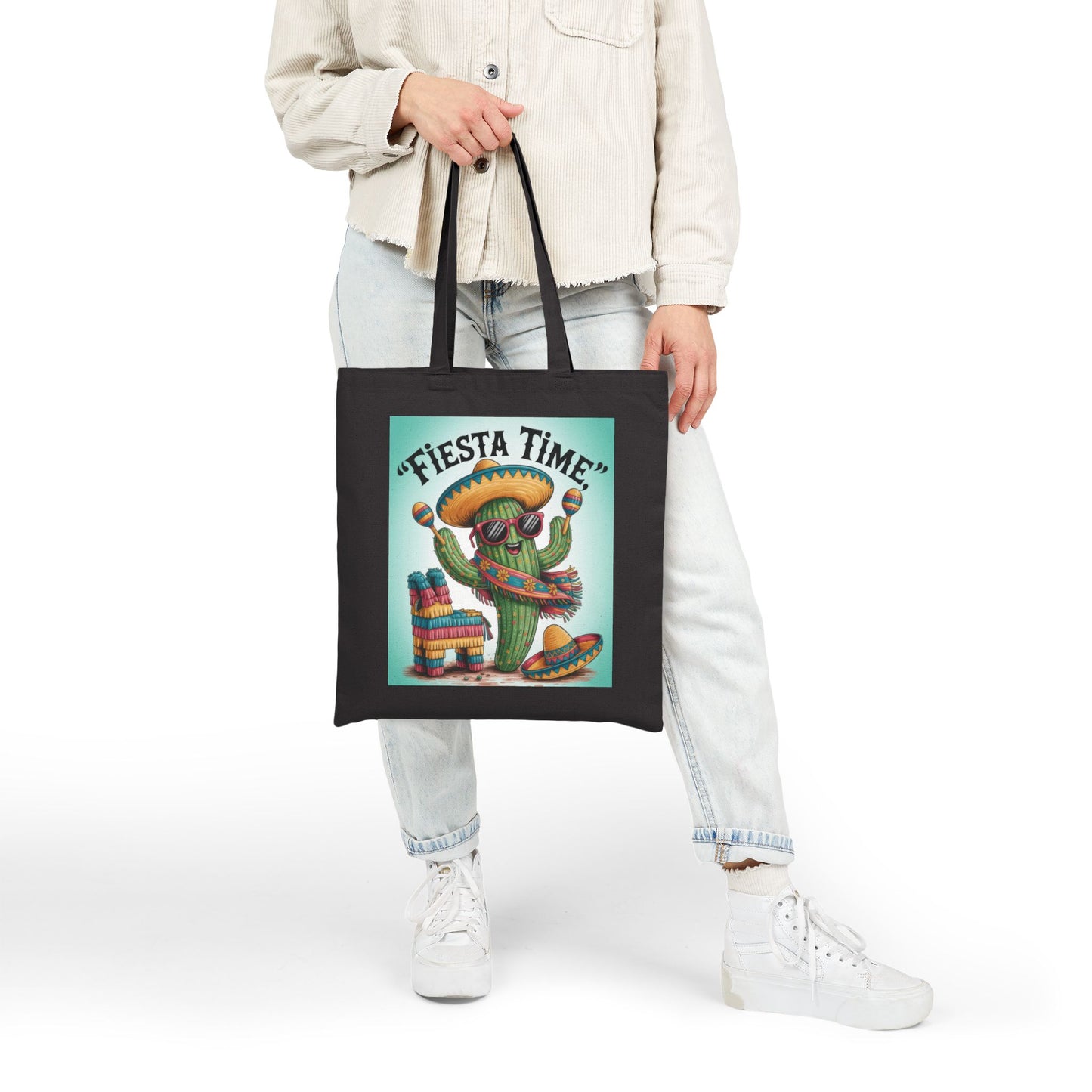 Fiesta Time Cactus Tote Bag, Colorful Funny Sombrero Maracas Piñata Mexican Party Gift Bag, Summer Vibes Canvas Bag