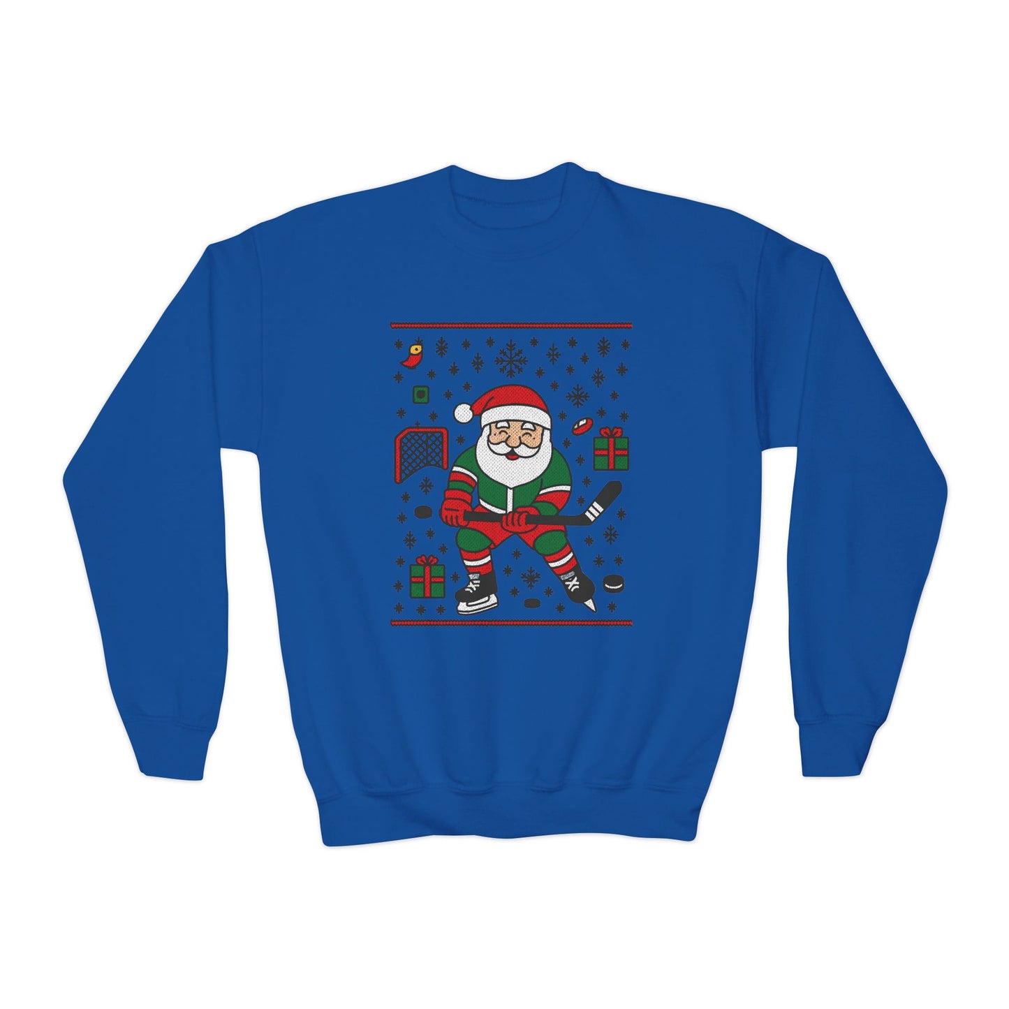Hockey Santa Youth Christmas Sweatshirt, Funny Sports Holiday Jumper for Boys