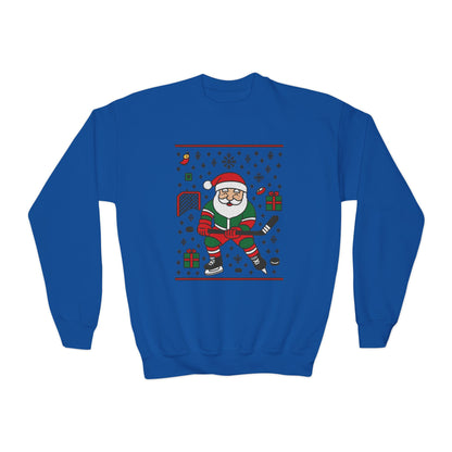 Hockey Santa Youth Christmas Sweatshirt, Funny Sports Holiday Jumper for Boys