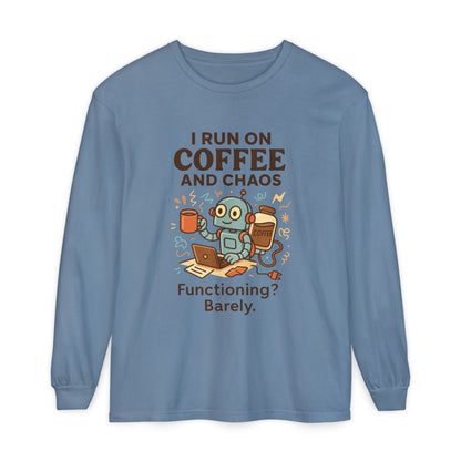 Coffee Chaos Long Sleeve Tee, Funny T-Shirt, Quirky Gift for Coffee Lovers, Unisex Top for Busy Lives, Work from Home Humor Tee