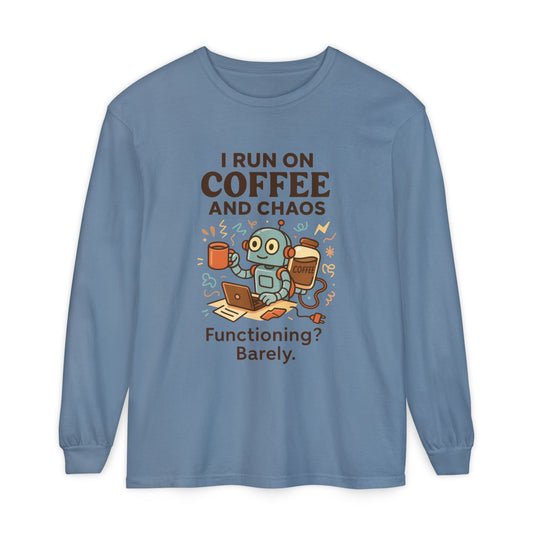 Coffee Chaos Long Sleeve Tee, Funny T-Shirt, Quirky Gift for Coffee Lovers, Unisex Top for Busy Lives, Work from Home Humor Tee