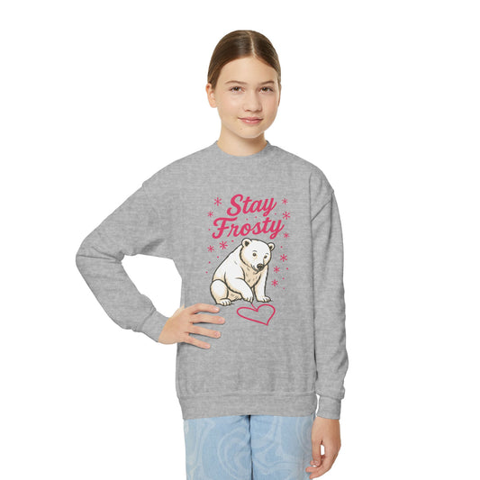 Youth Crewneck Sweatshirt, Kids Stay Frosty Polar Bear Sweatshirt, Cute Winter Animal Pullover for Children