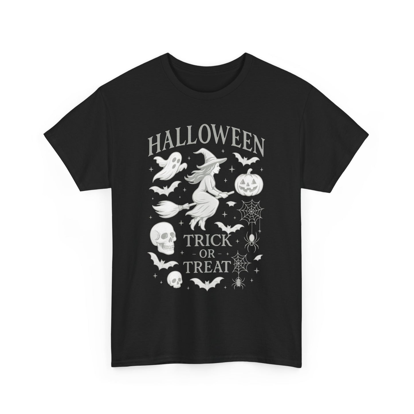 Halloween Witch Flying Broomstick T-Shirt, Trick or Treat Ghost Pumpkin Skull Spider Web Women's Tee