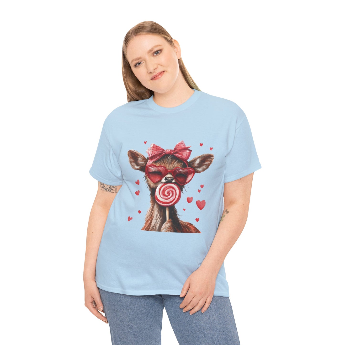 Cute Deer with Heart Glasses and Lollipop, Valentine's Day Heavy Cotton Tee, Fun Animal Love Shirt Gift for Her, Animal Lovers Shirt