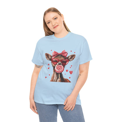 Cute Deer with Heart Glasses and Lollipop, Valentine's Day Heavy Cotton Tee, Fun Animal Love Shirt Gift for Her, Animal Lovers Shirt