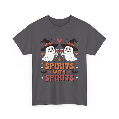 Spirits With Spirits Women's Halloween T-Shirt, Funny Ghost Drinking Wine Tee, Witches Party Shirt, Spooky Season Gift for Her