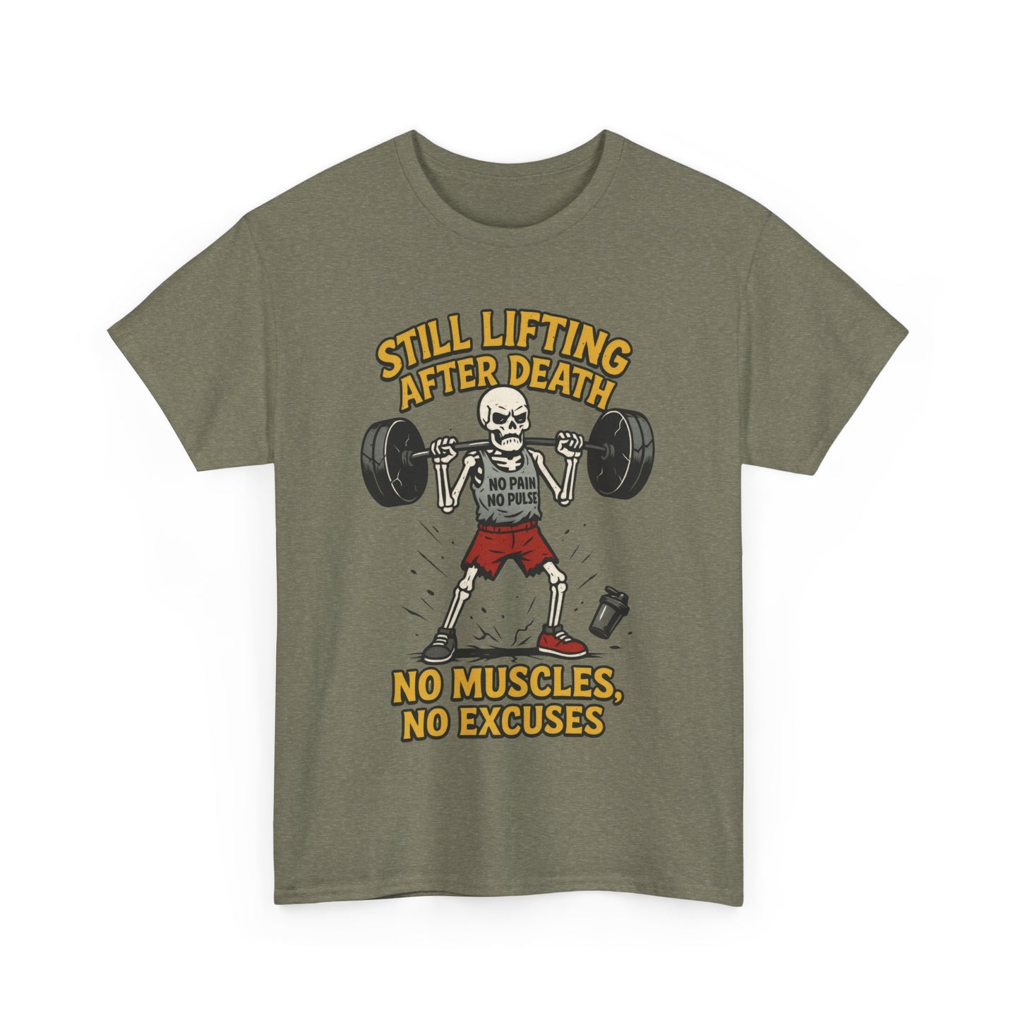 Funny Skeleton Gym T-Shirt, Still Lifting After Death, Funny Workout Shirt for Men, Fitness Gift, Halloween Apparel, Unisex Cotton Tee