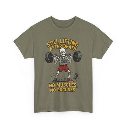 Funny Skeleton Gym T-Shirt, Still Lifting After Death, Funny Workout Shirt for Men, Fitness Gift, Halloween Apparel, Unisex Cotton Tee
