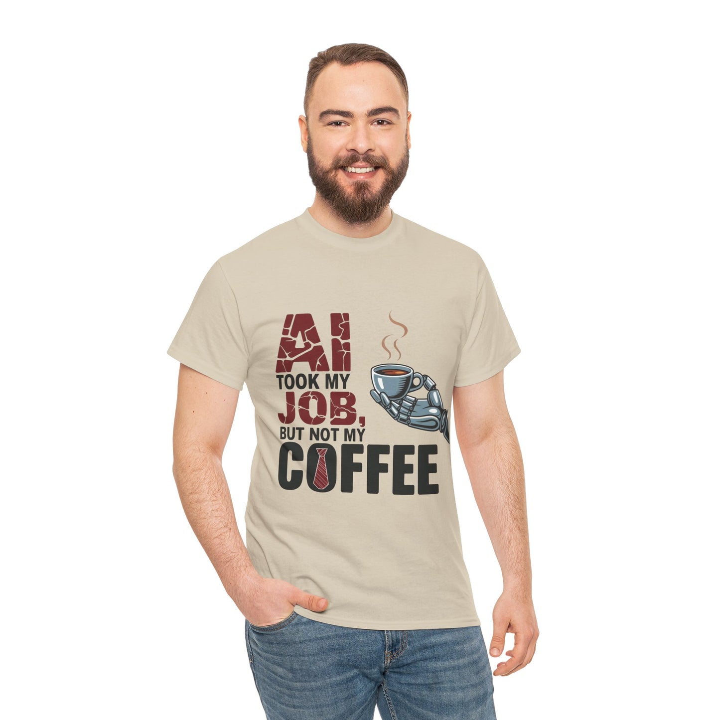 Men's AI Coffee T-Shirt, Funny Robot Humor Graphic Tee, Geek Job Joke Shirt for Him, Men's Heavy Cotton Tee, Sarcastic Work Shirt