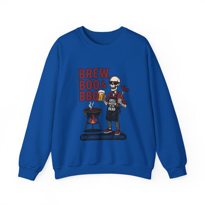 Halloween BBQ Men's Sweatshirt, Brew Boo & BBQ Skeleton Grill Master, Spooky Dad Gift, Skeleton Dad Sweat, Grill Master Crew