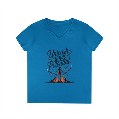 Empowering Ladies' V-Neck T-Shirt | Unleash Your Potential | Gift for Motivation, Birthday, Inspirational Wear, Positive Energy Top
