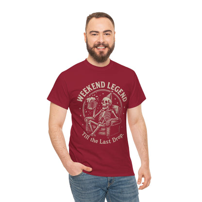 Weekend Legend Mens T-Shirt, Funny Skeleton Beer Tee, Till the Last Drop Party Shirt, Vintage Style Graphic Tee for Him, Halloween Apparel