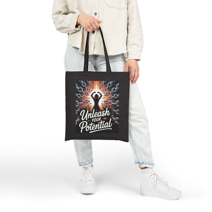 Unleash Your Potential Tote Bag, Motivational Empowerment Canvas Bag with Strong Woman & Chains Design, Fitness & Feminist Gift