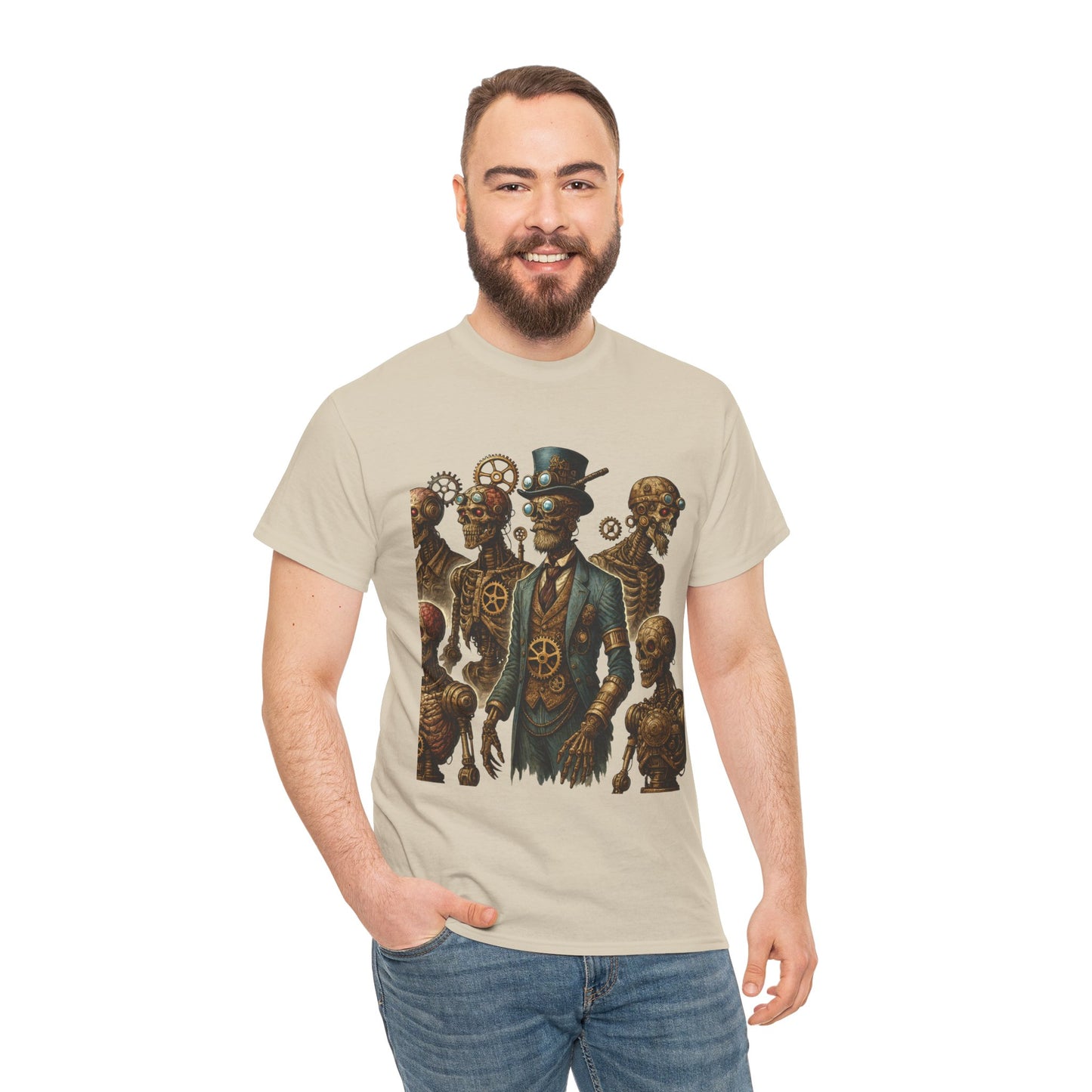Steampunk Skeleton Gentleman T-Shirt, Vintage Mechanical Robot Skull Design, Gothic Industrial Cyberpunk Tee for Men