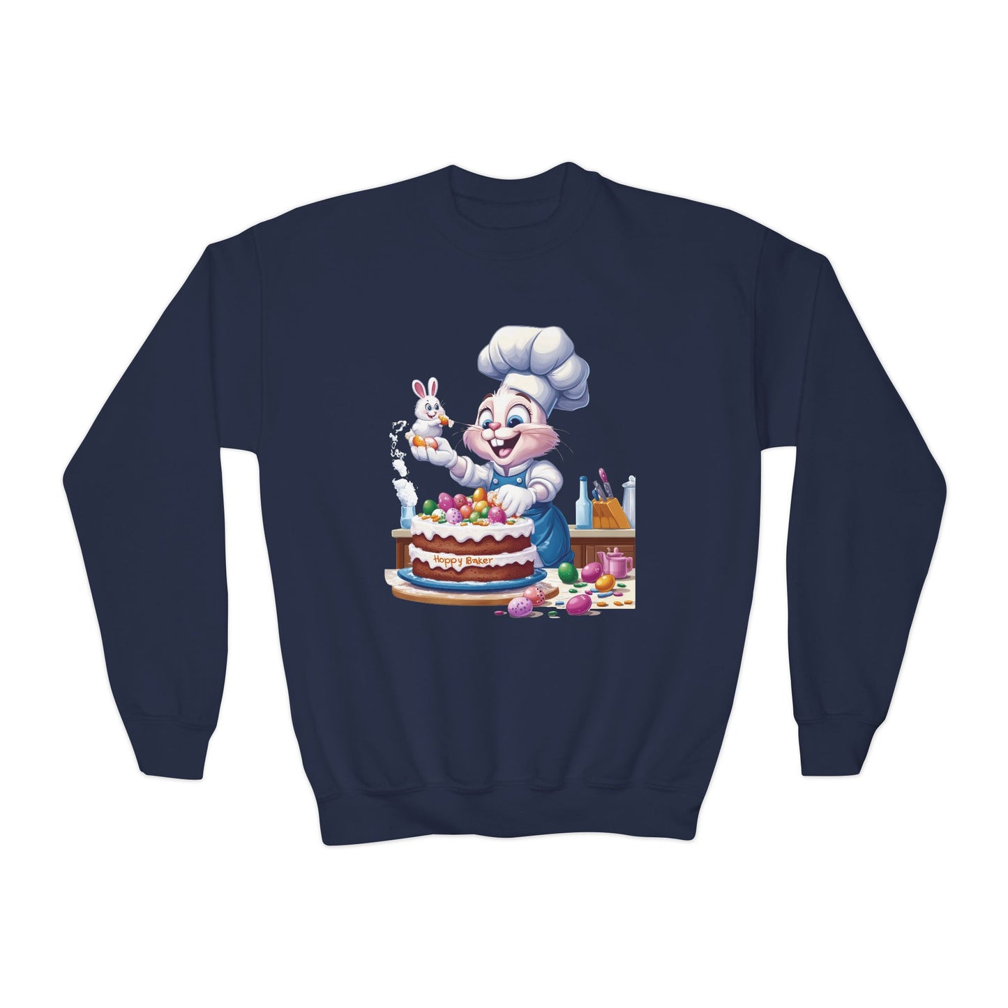 Hoppy Baker Easter Bunny Youth Sweatshirt - Cute Spring Crewneck for Kids with Chef Bunny and Cake, Fun Holiday Gift for Easter Lovers