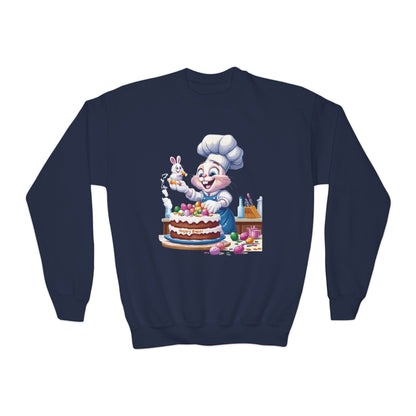 Hoppy Baker Easter Bunny Youth Sweatshirt - Cute Spring Crewneck for Kids with Chef Bunny and Cake, Fun Holiday Gift for Easter Lovers
