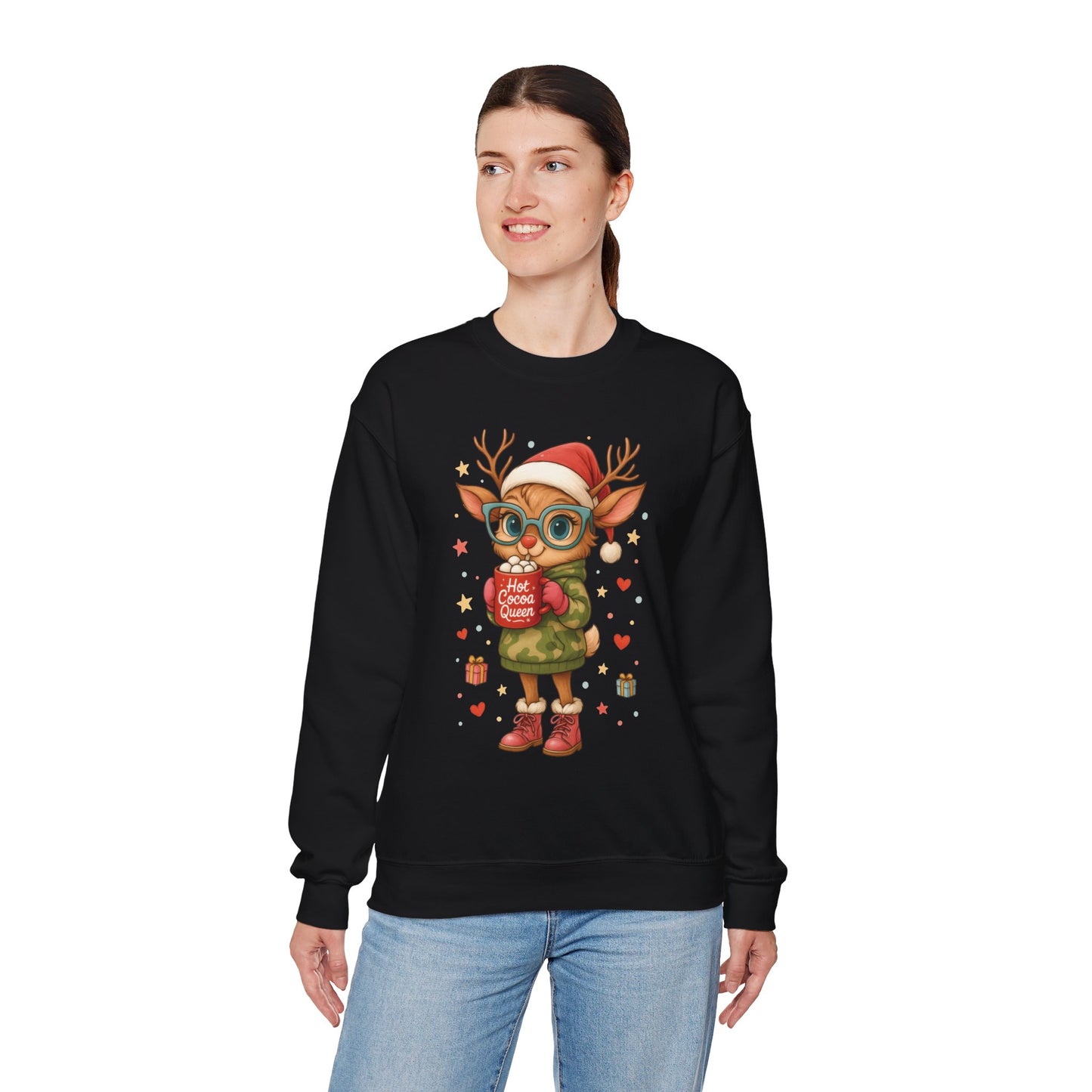 Hot Cocoa Queen Christmas Sweatshirt, Cute Cozy Holiday Reindeer Pullover