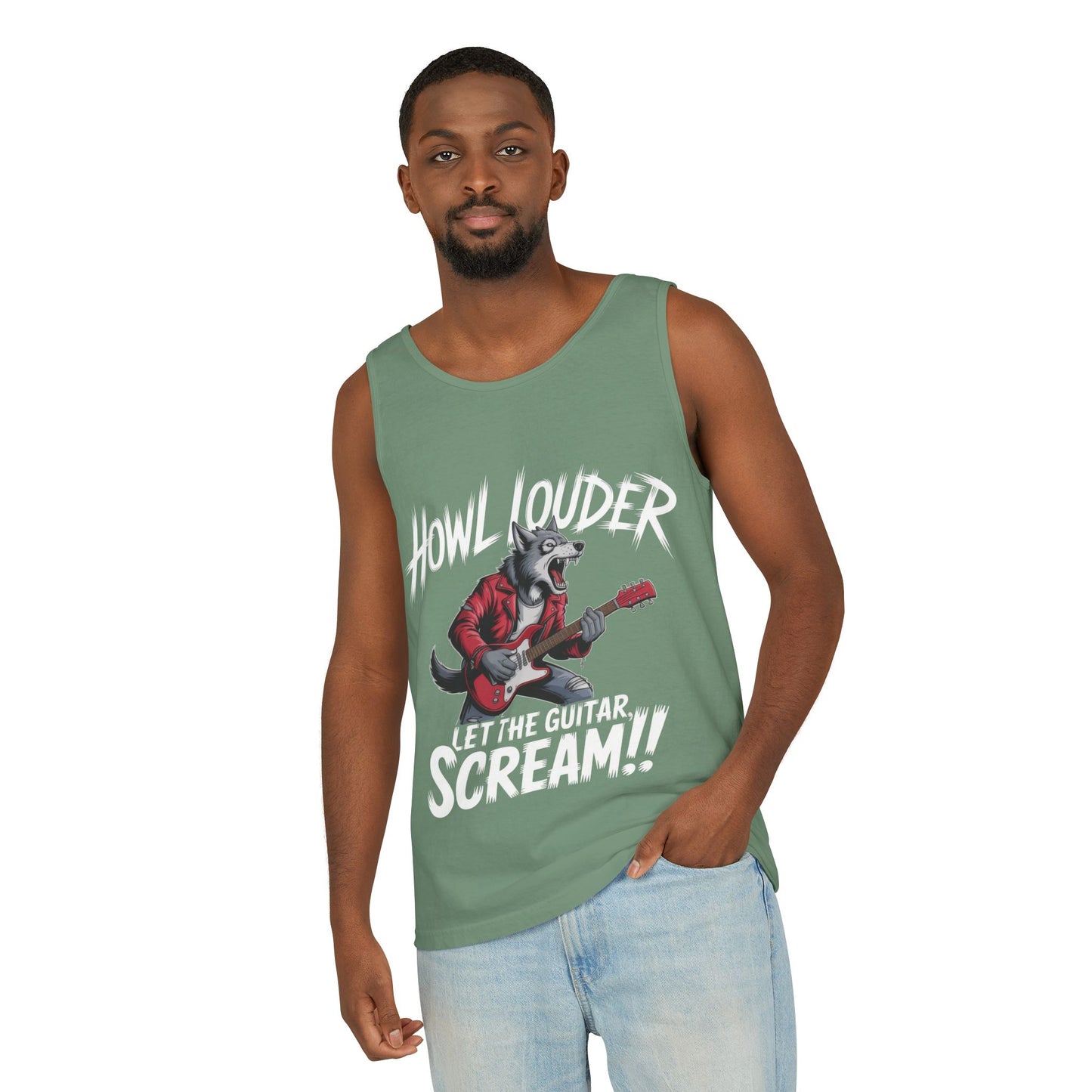 Howl Louder Wolf Tank Top, Mens Muscle Shirt, Rock Guitarist Graphic Sleeveless Tee, Wolf Workout Gym Tank, Music Lover Gift