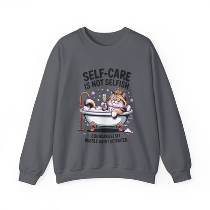 Womens Crewneck Sweatshirt, Self-Care Cat Shirt, Funny Cat Tee, Relaxing Kitty Graphic, Self Care Is Not Selfish Womens Sweatshirt
