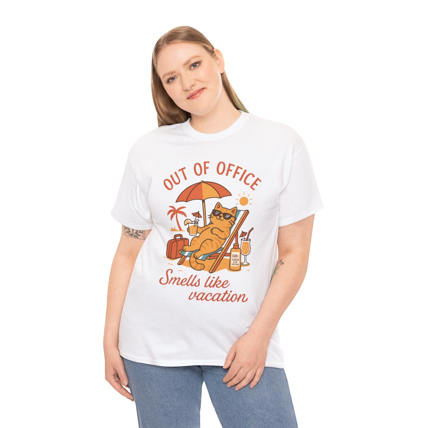 Cat Womens T-Shirt, Funny Vacation Tee with Cool Cat, Summer Beach Relax Shirt, Smells Like Vacation Gift for Her, Funny Cat Lover Gift