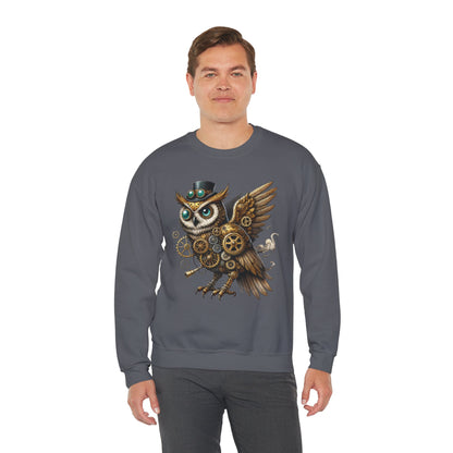 Steampunk Owl Unisex Crewneck Sweatshirt, Vintage Mechanical Gears Fantasy Bird Graphic Pullover, Gift for Owl Lovers