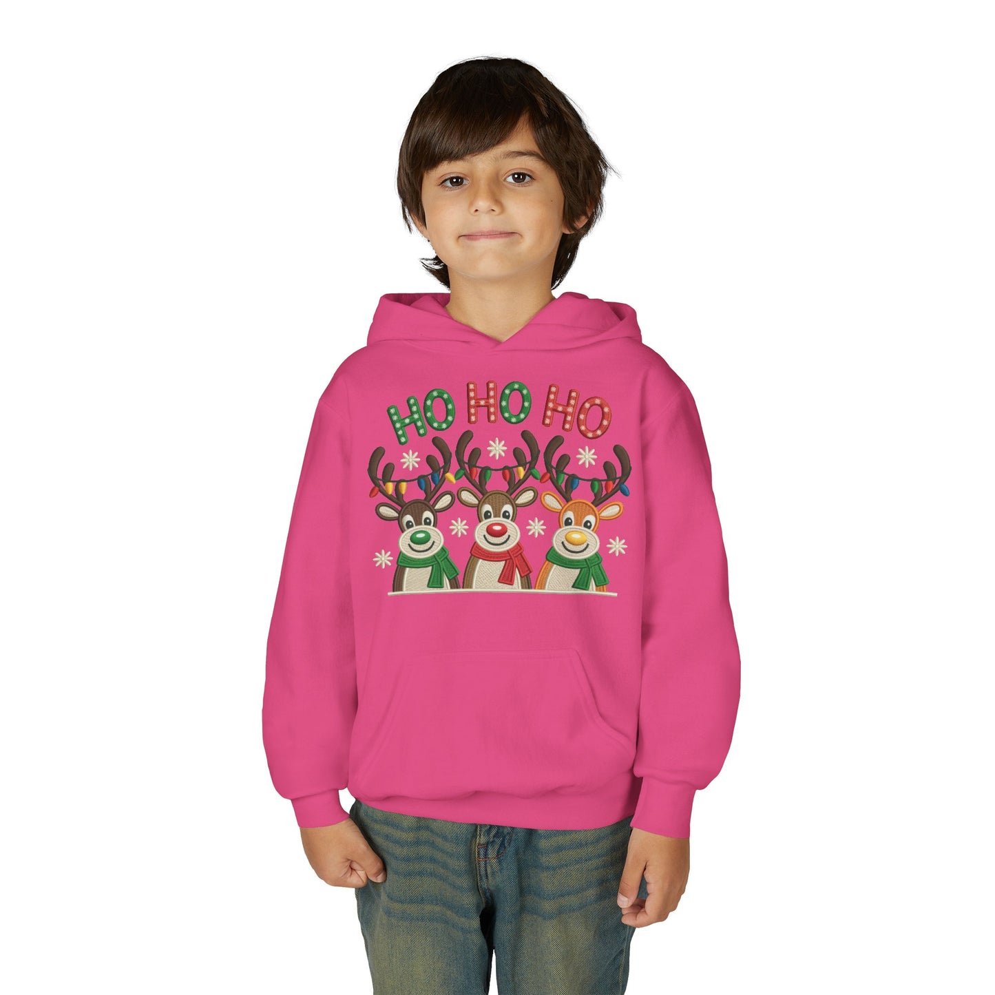 Ho Ho Ho Reindeer Hoodie for Girls, Cute Christmas Holiday Kids Pullover, Youth Hooded Sweatshirt