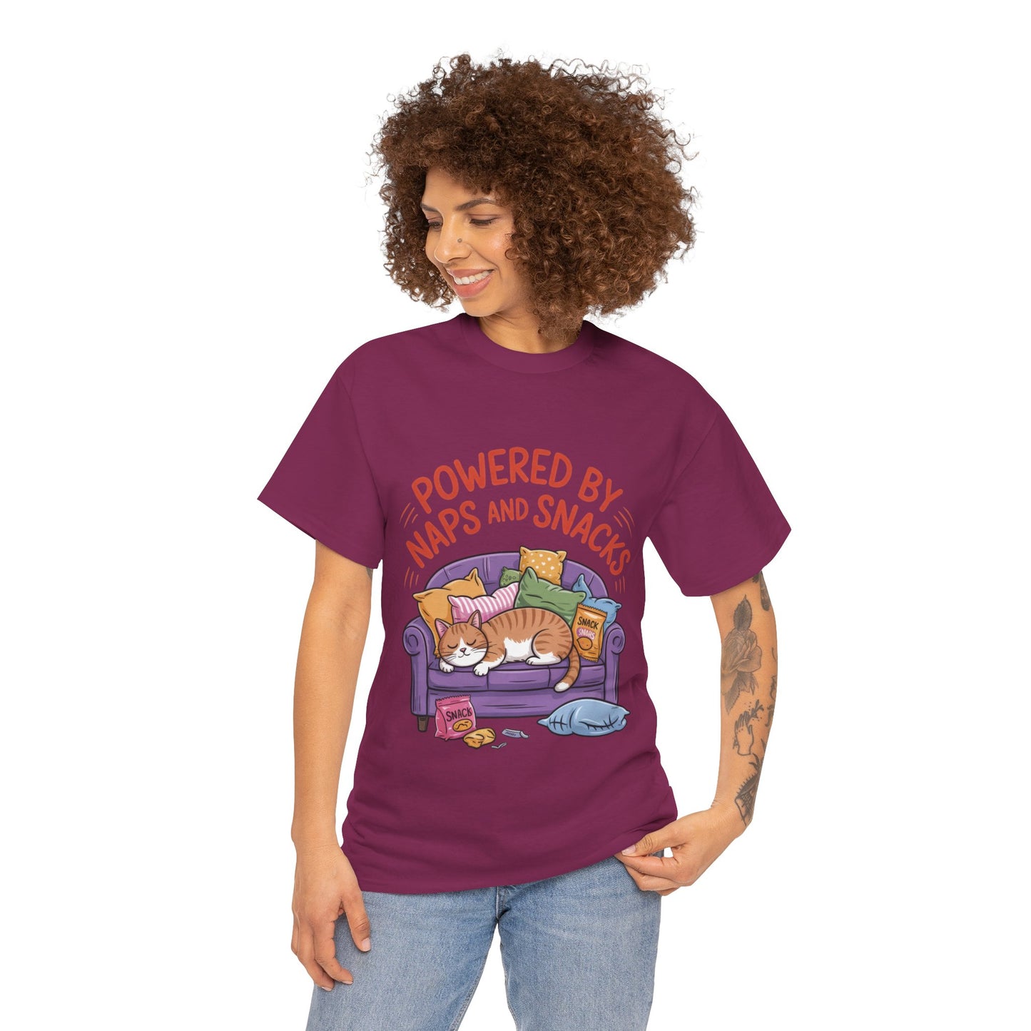Powered by Naps and Snacks Cat T-Shirt, Funny Lazy Cat Lover Womens Tee, Cute Humor Shirt, Cozy Gift for Her, Cozy Cat Lover T-Shirt
