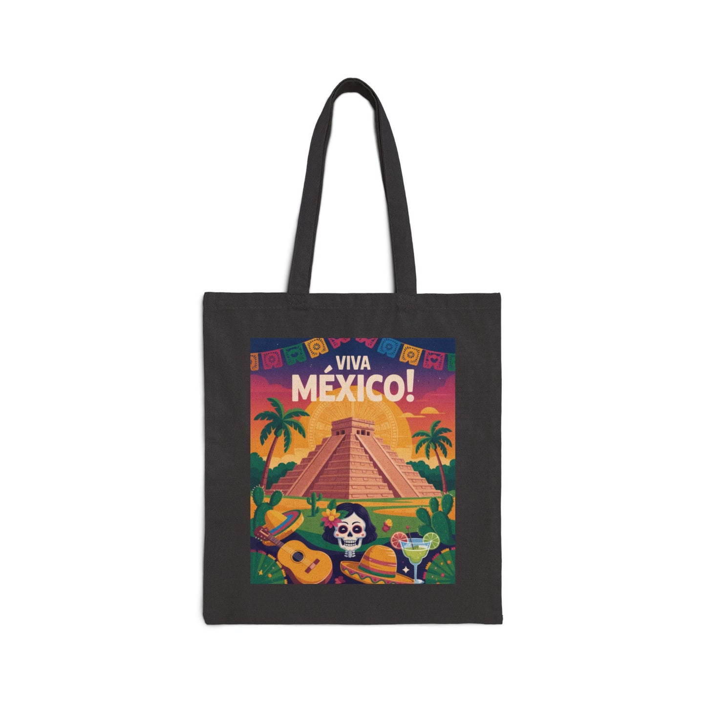 Viva Mexico Cotton Canvas Tote Bag, Eco-Friendly Grocery Bag, Bohemian Beach Bag, Travel Tote, Day of the Dead Gift