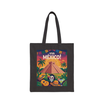 Viva Mexico Cotton Canvas Tote Bag, Eco-Friendly Grocery Bag, Bohemian Beach Bag, Travel Tote, Day of the Dead Gift