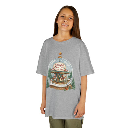 Youth Holiday Café Christmas T-Shirt, Warm Cocoa Carousel Kids Tee