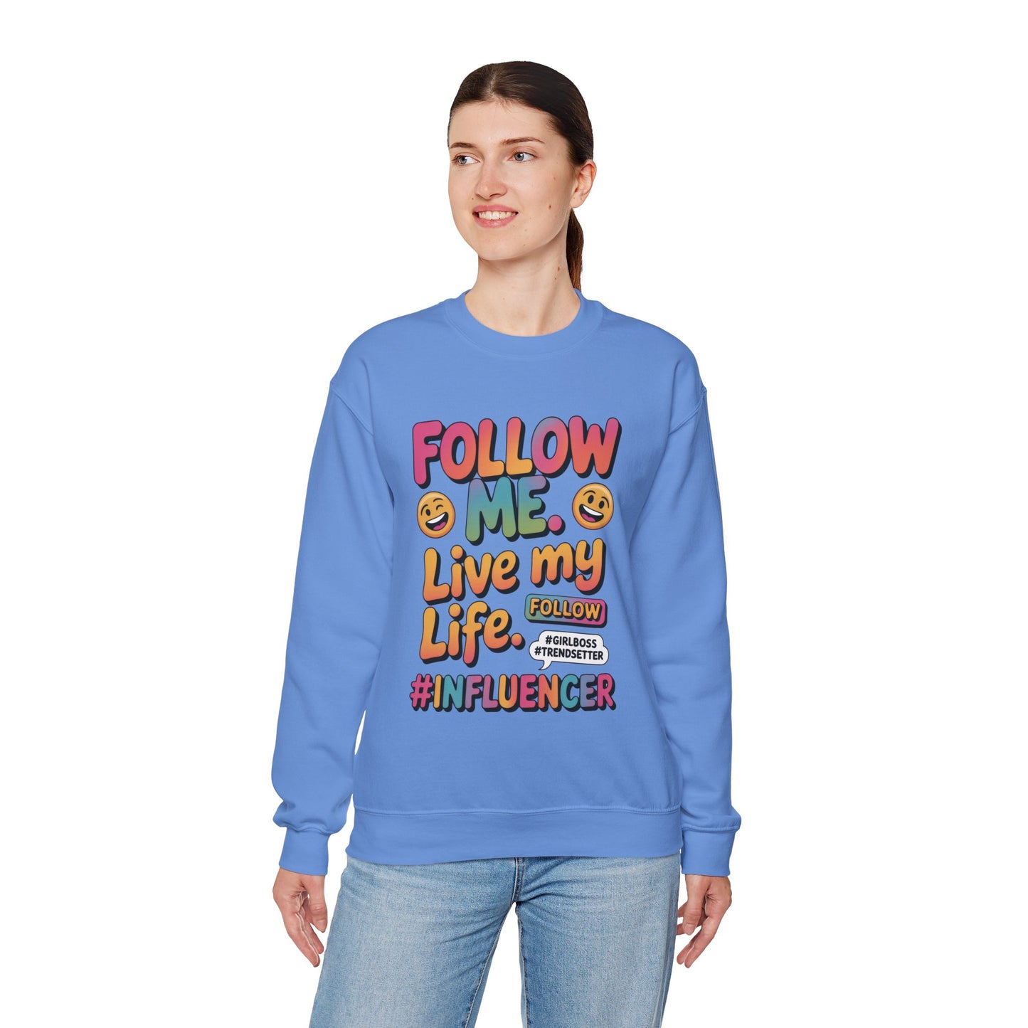 Womens Heavy Blend™ Crewneck Sweatshirt, Influencer Sweatshirt, Colorful Follow Me Live My Life Graphic Sweatshirt, Trendy GirlBoss Outfit