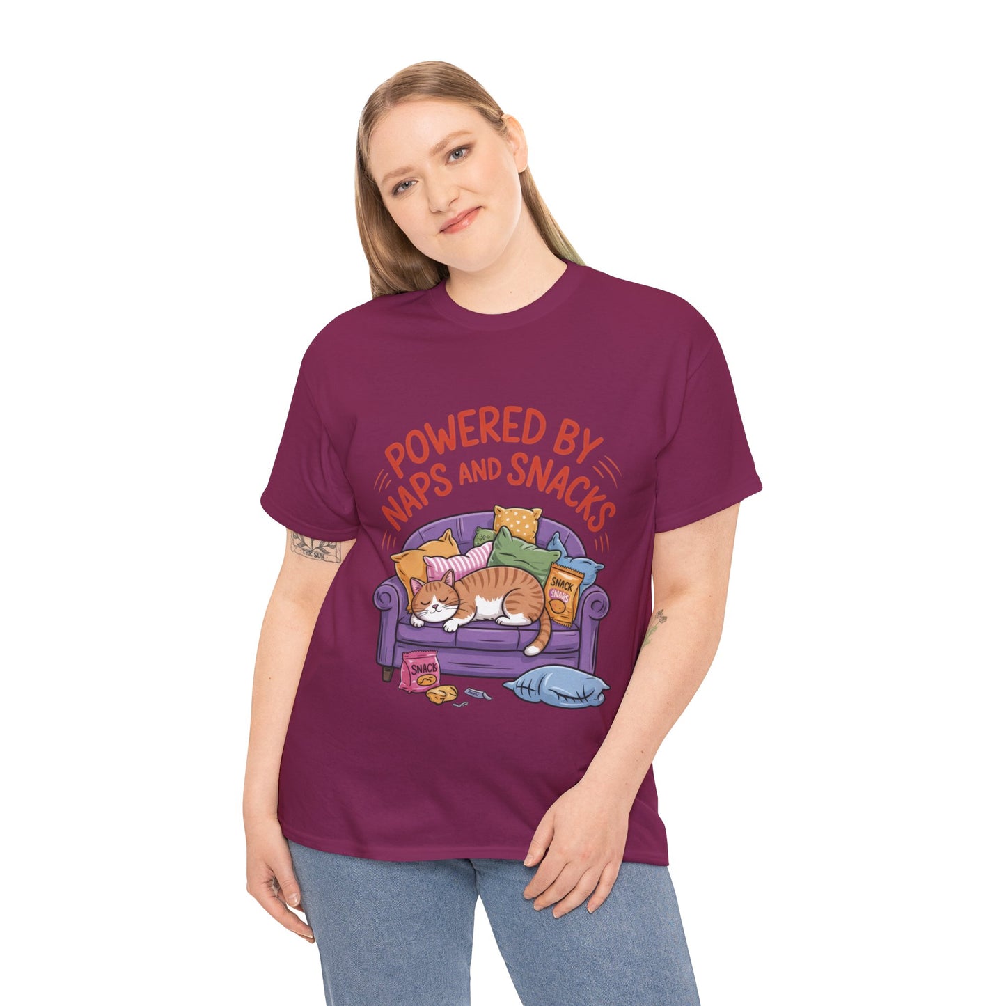 Powered by Naps and Snacks Cat T-Shirt, Funny Lazy Cat Lover Womens Tee, Cute Humor Shirt, Cozy Gift for Her, Cozy Cat Lover T-Shirt