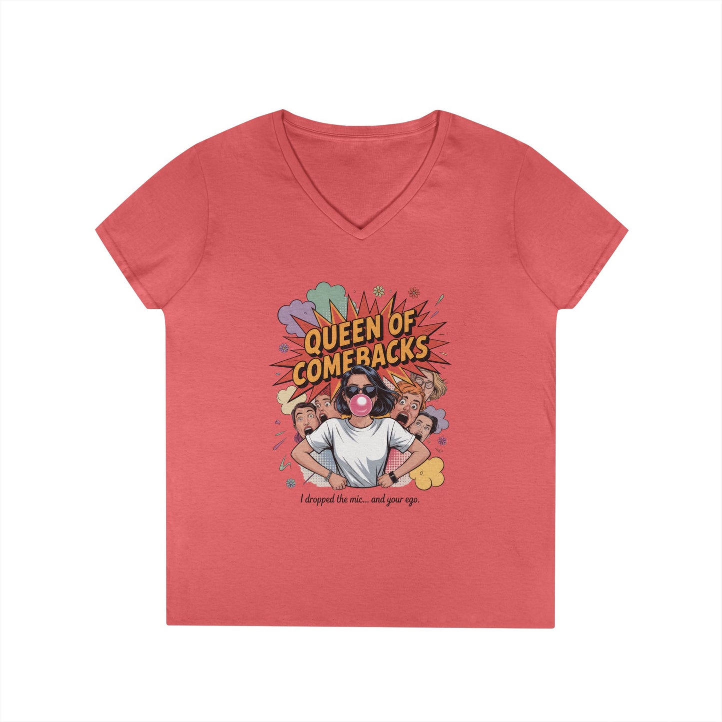 Queen of Comebacks V-Neck T-Shirt, Funny Graphic Tee, Gift for Friends, Humor Apparel, Casual Wear, Comedic Shirt