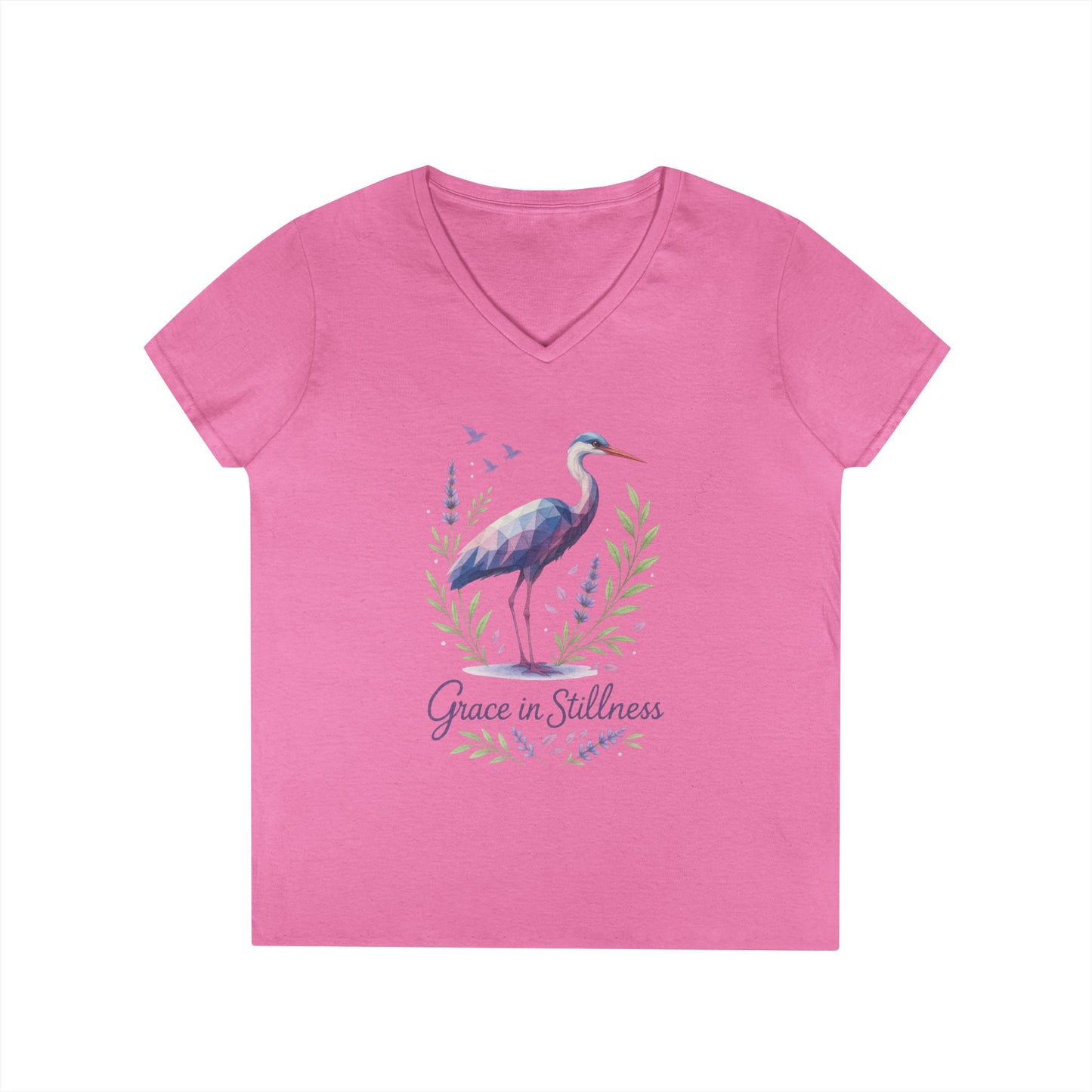Ladies' V-Neck T-Shirt with Heron Design - Grace in Stillness, Relaxed Fit, Nature-Inspired Gift, Travel Tee, Summer Fashion