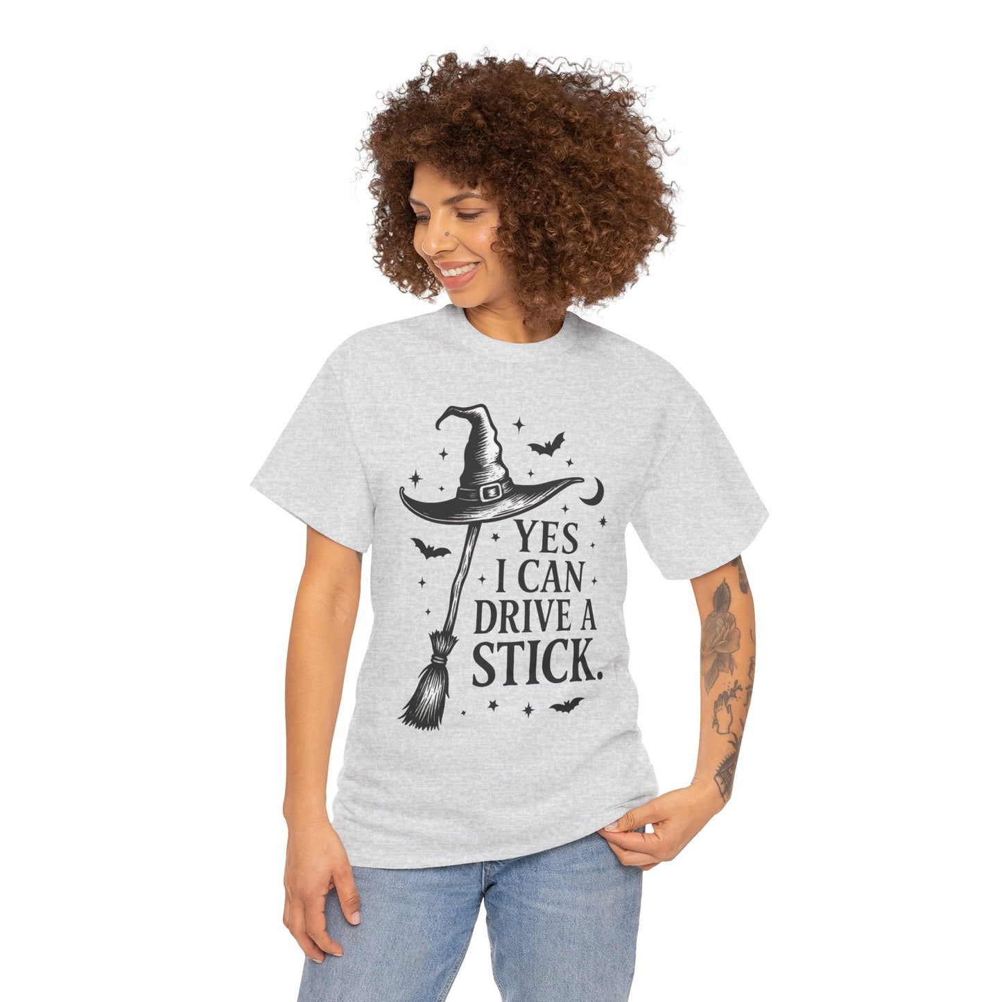Yes I Can Drive a Stick Witch Hat Broom Halloween Women's T-Shirt, Funny Spooky Graphic Tee, Witch Shirt,