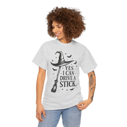 Yes I Can Drive a Stick Witch Hat Broom Halloween Women's T-Shirt, Funny Spooky Graphic Tee, Witch Shirt,