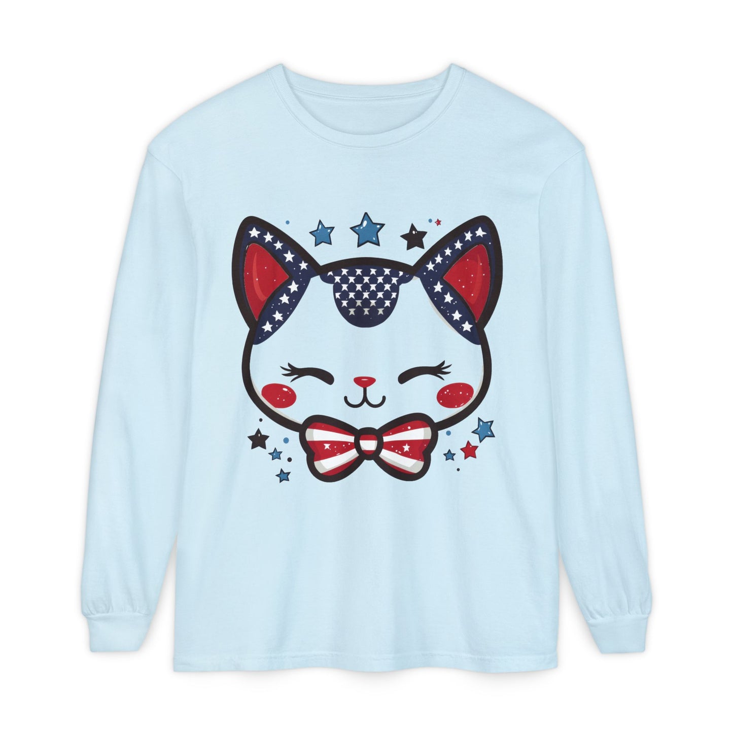 Cute Patriotic Cat Long Sleeve Women's T-Shirt, Fourth of July, Cat Lovers Gift, Casual Wear, Perfect for Holidays and Celebrations