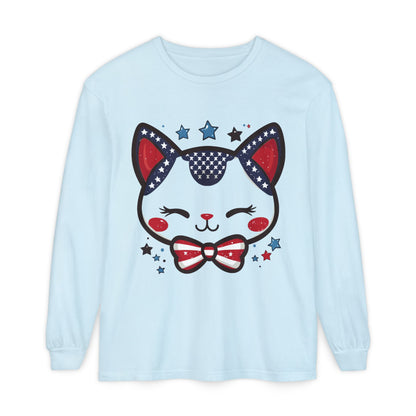 Cute Patriotic Cat Long Sleeve Women's T-Shirt, Fourth of July, Cat Lovers Gift, Casual Wear, Perfect for Holidays and Celebrations