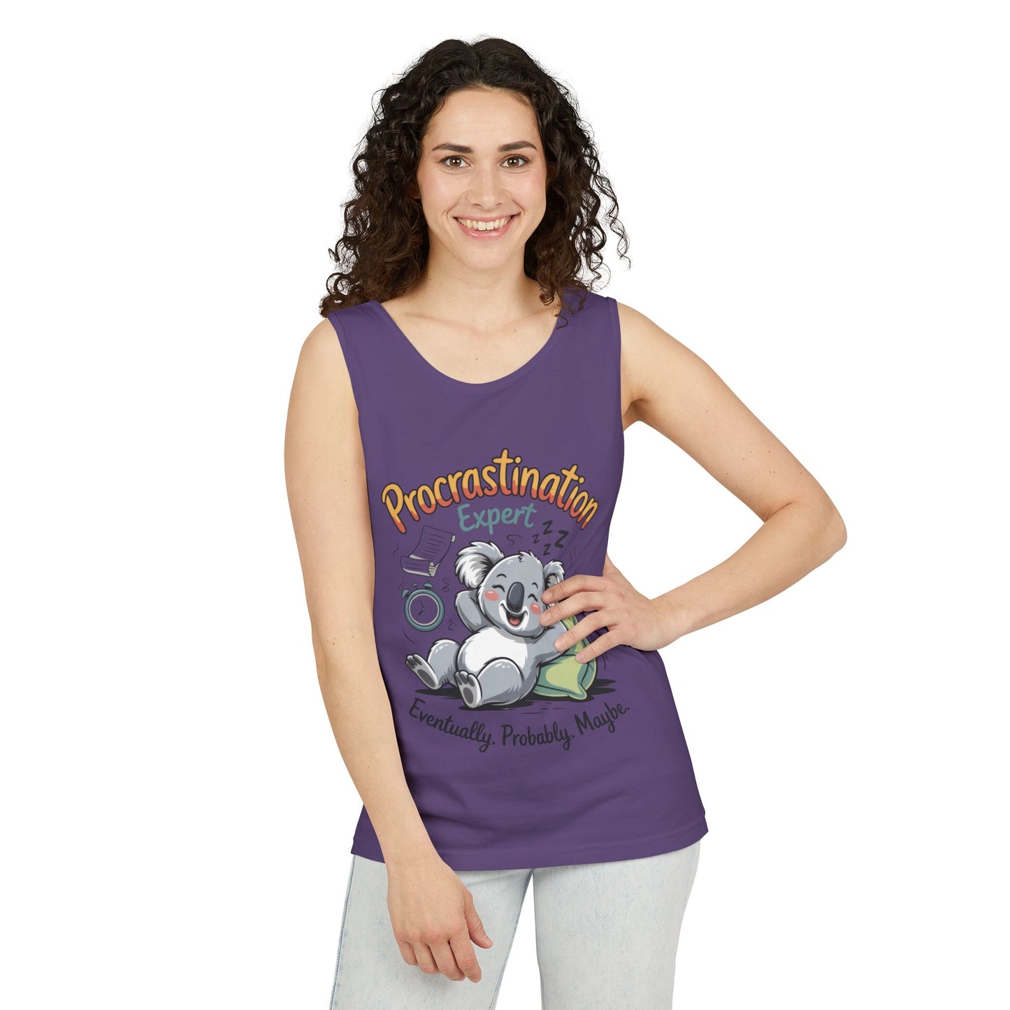 Procrastination Expert Womens Tank Top, Funny Gift for Lazy Days, Relaxed Fit Tee, Casual Summer Wear, Koala Graphic Top, Motivational Apparel