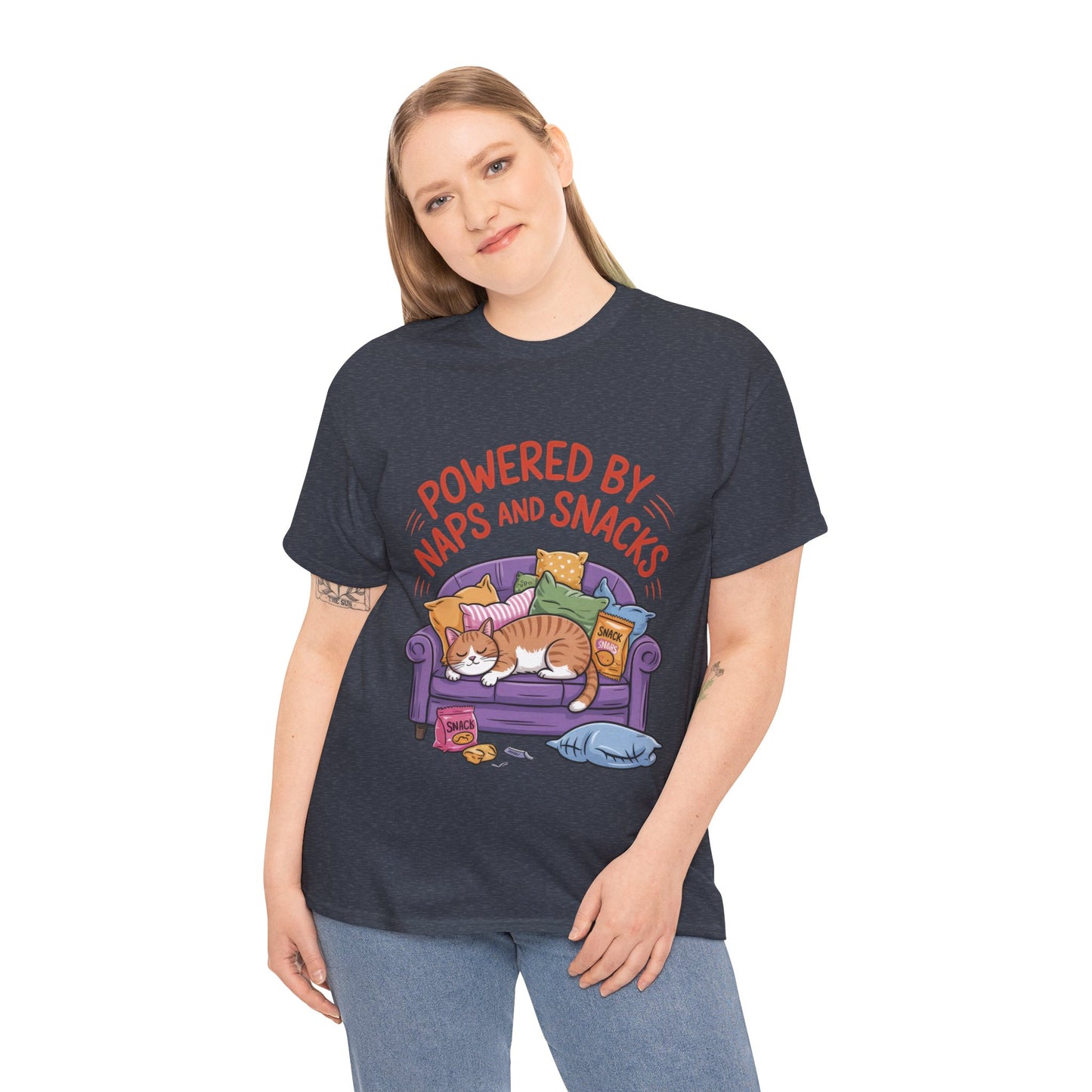Powered by Naps and Snacks Cat T-Shirt, Funny Lazy Cat Lover Womens Tee, Cute Humor Shirt, Cozy Gift for Her, Cozy Cat Lover T-Shirt