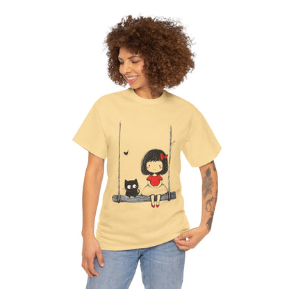 Cute Cat & Girl Graphic Tee, Playful Gift for Cat Lovers, Cat and Girl Design, Gift for Cat Owners, Women's Cotton T-Shirt