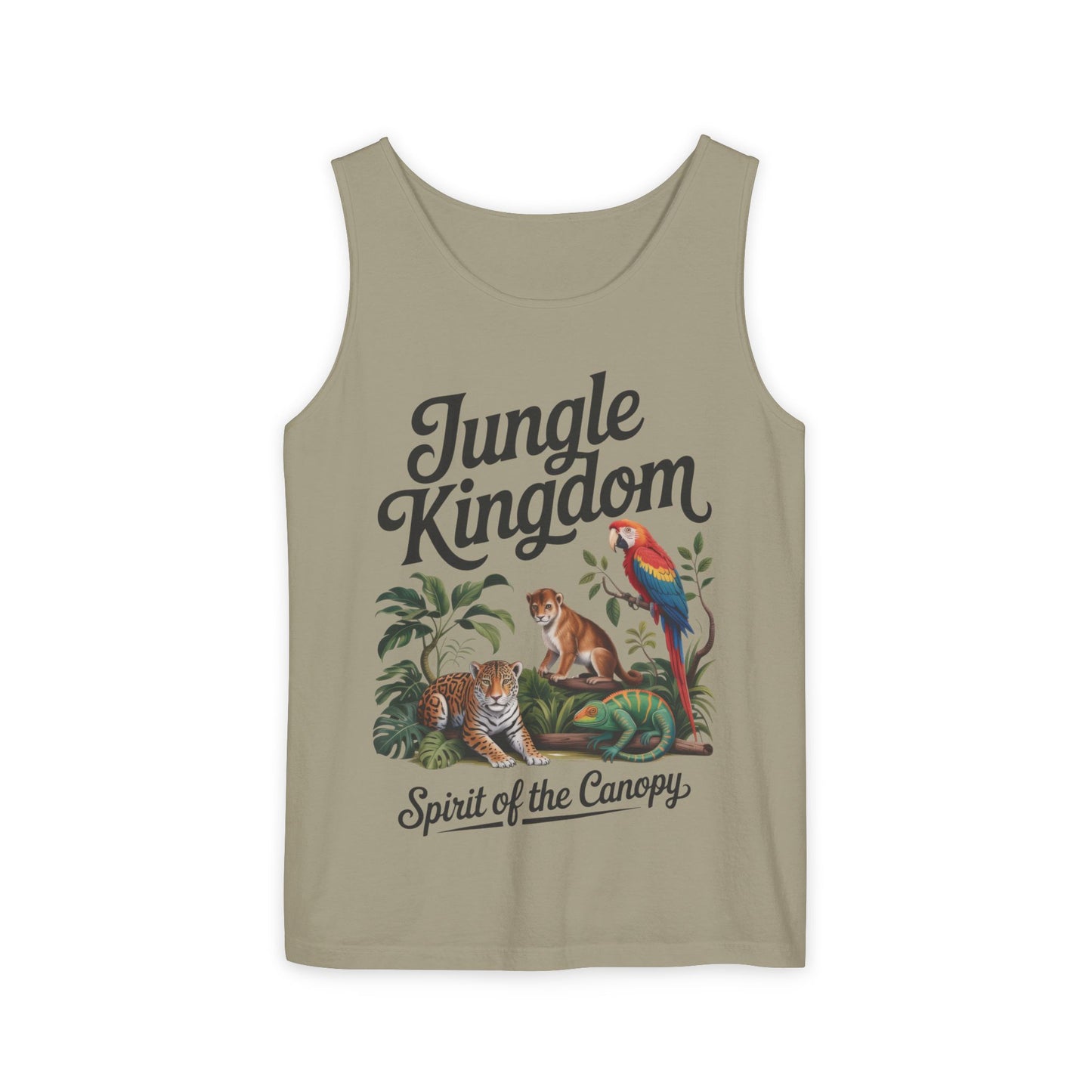 Jungle Kingdom Tank Top, Mens Garment-Dyed Sleeveless Shirt, Spirit of the Canopy Tee, Summer Outfit, Eco-Friendly Casual Wear