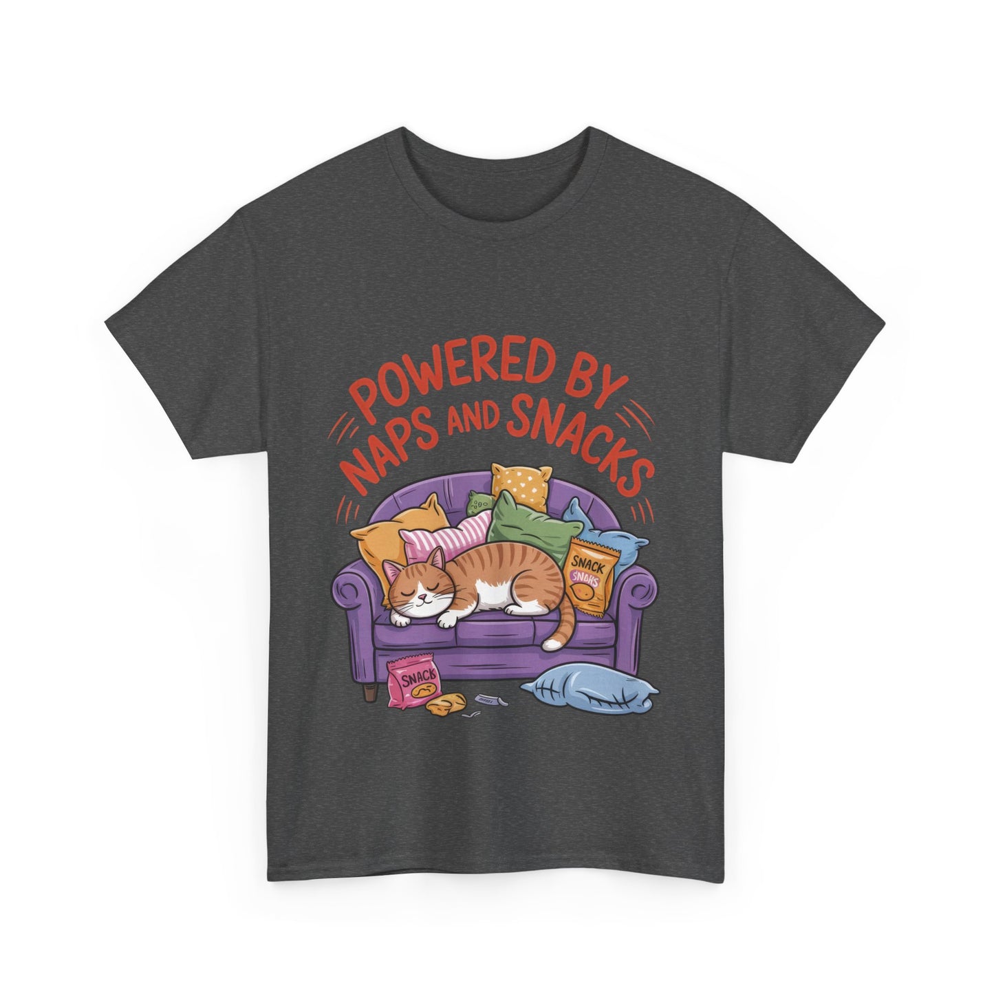 Powered by Naps and Snacks Cat T-Shirt, Funny Lazy Cat Lover Womens Tee, Cute Humor Shirt, Cozy Gift for Her, Cozy Cat Lover T-Shirt