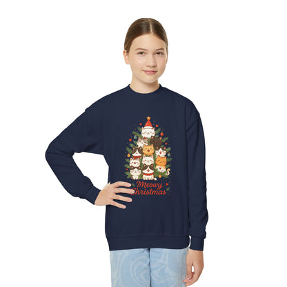 Youth Meowy Christmas Cat Sweatshirt, Cute Holiday Kitty Jumper