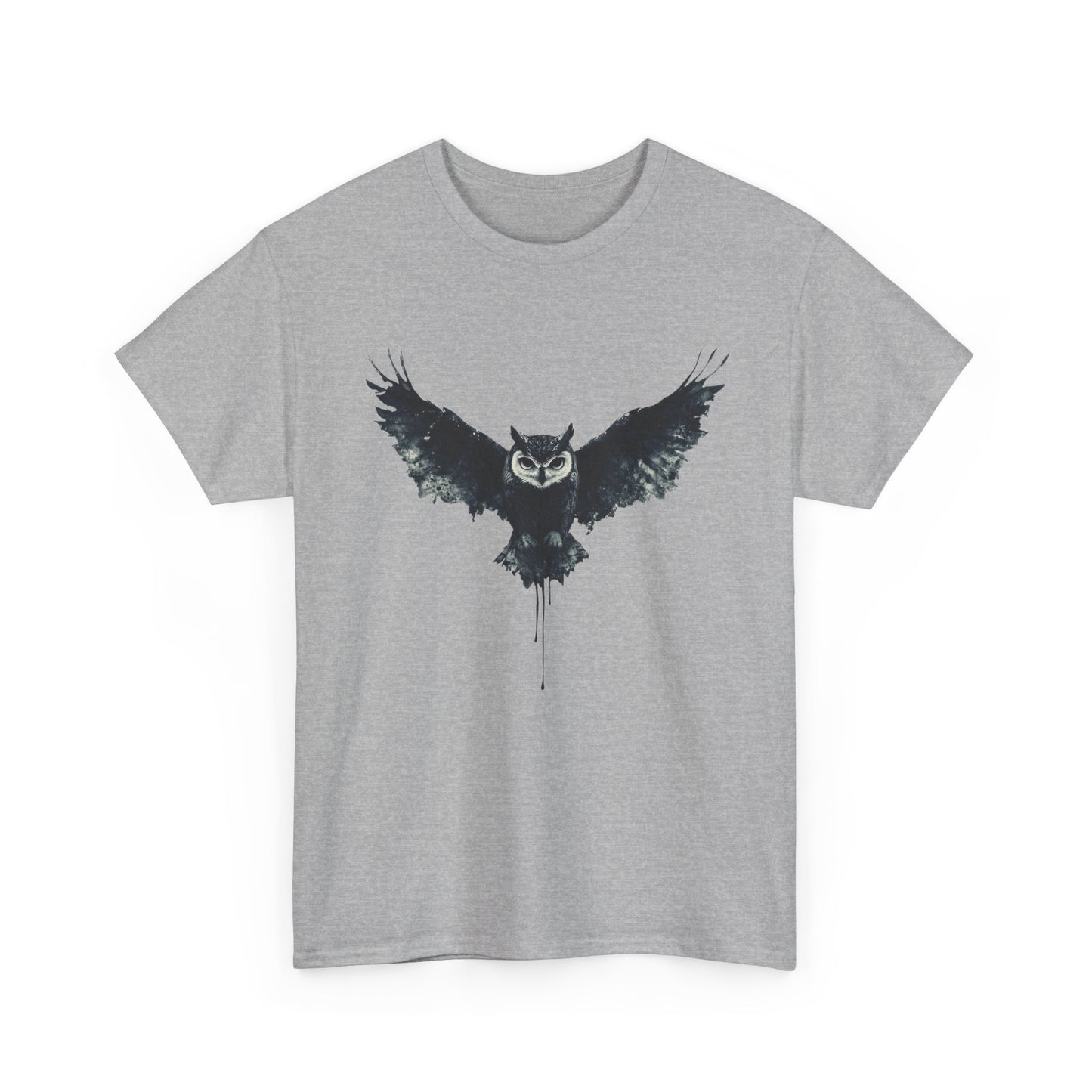 Cool Owl Graphic Unisex Heavy Cotton Tee, Flying Owl Ink Art T-Shirt, Nature Lover Gift, Animal Print Tee, Gothic Bird Graphic Tee