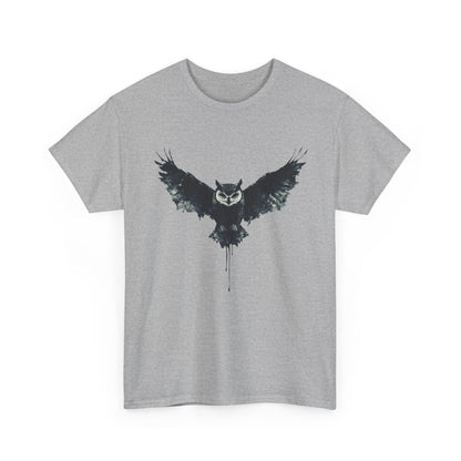 Cool Owl Graphic Unisex Heavy Cotton Tee, Flying Owl Ink Art T-Shirt, Nature Lover Gift, Animal Print Tee, Gothic Bird Graphic Tee
