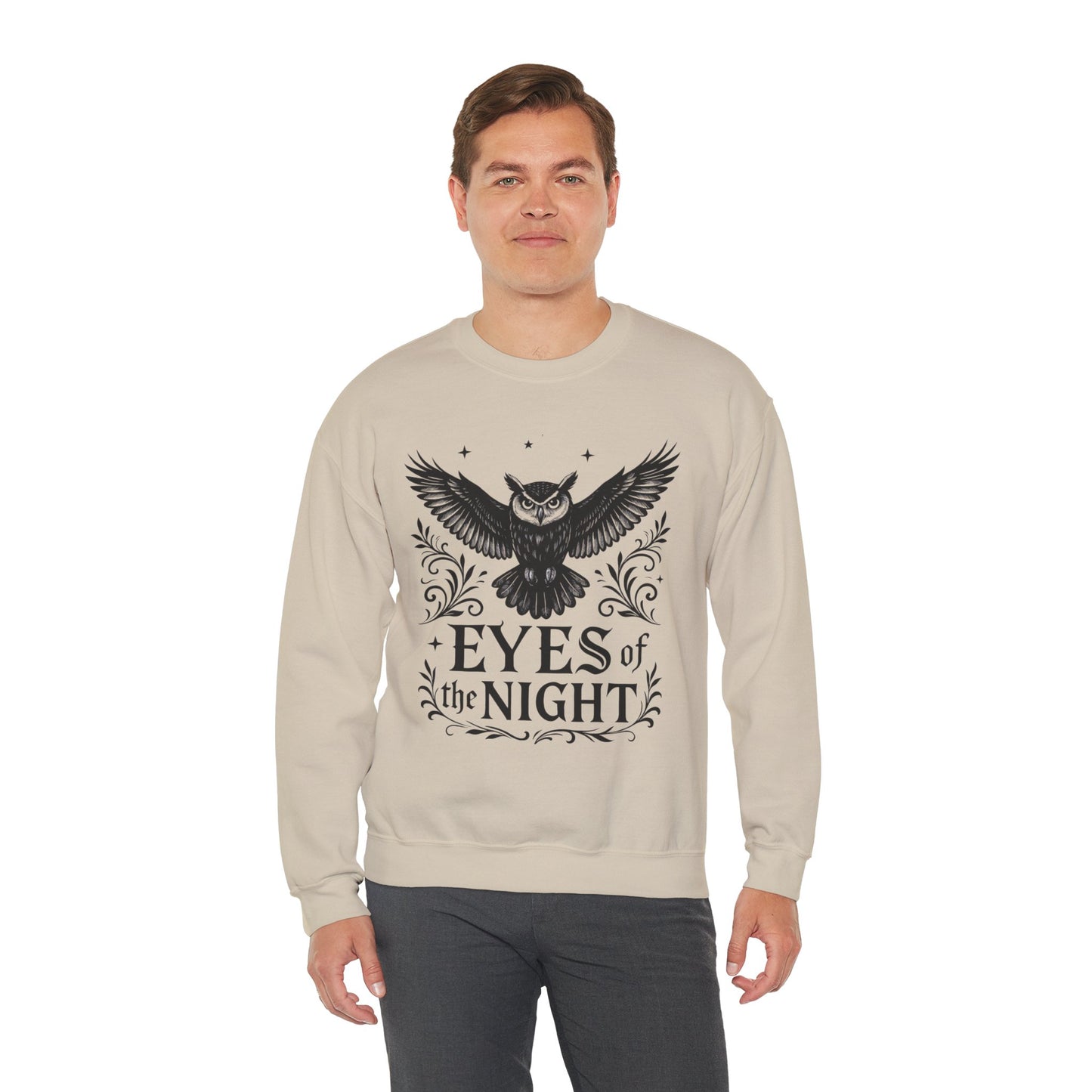 Eyes of the Night Owl Sweatshirt, Mens Dark Gothic Sweatshirt, Mysterious Owl Graphic Pullover, Forest Bird of Night Design, Halloween Gift
