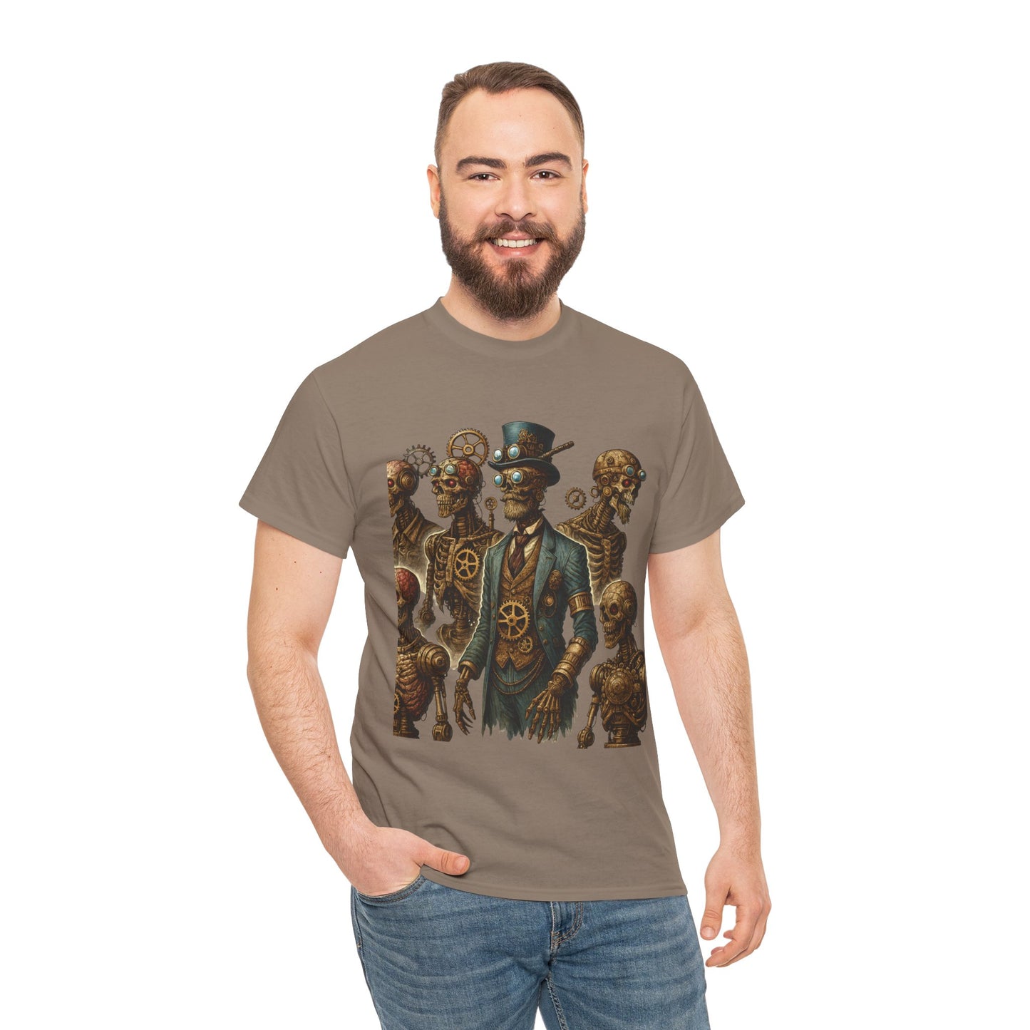Steampunk Skeleton Gentleman T-Shirt, Vintage Mechanical Robot Skull Design, Gothic Industrial Cyberpunk Tee for Men