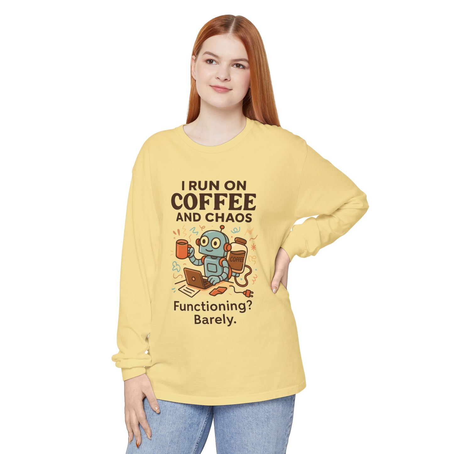 Coffee Chaos Long Sleeve Tee, Funny T-Shirt, Quirky Gift for Coffee Lovers, Unisex Top for Busy Lives, Work from Home Humor Tee